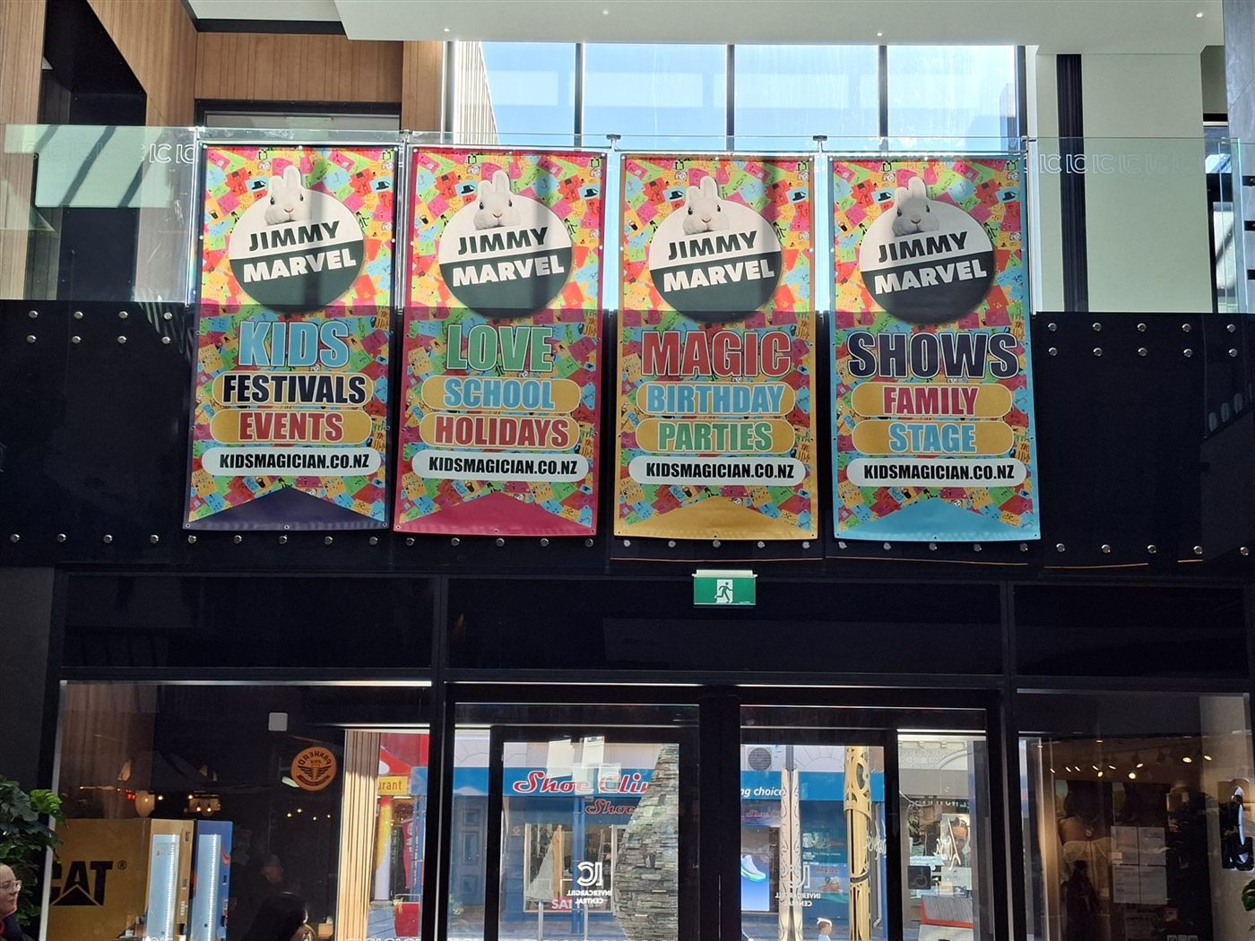 Four Jimmy Marvel promotional banners installed inside Invercargill Central